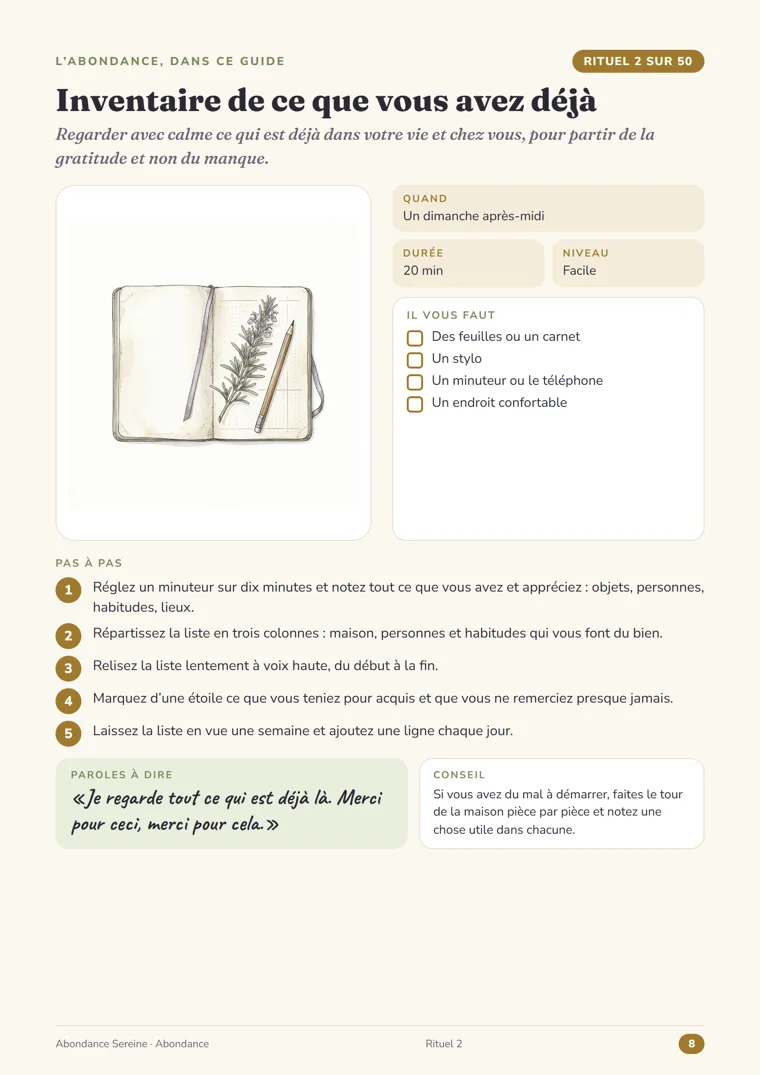 Page du rituel 2, Inventaire de ce que vous avez déjà, du guide Abondance