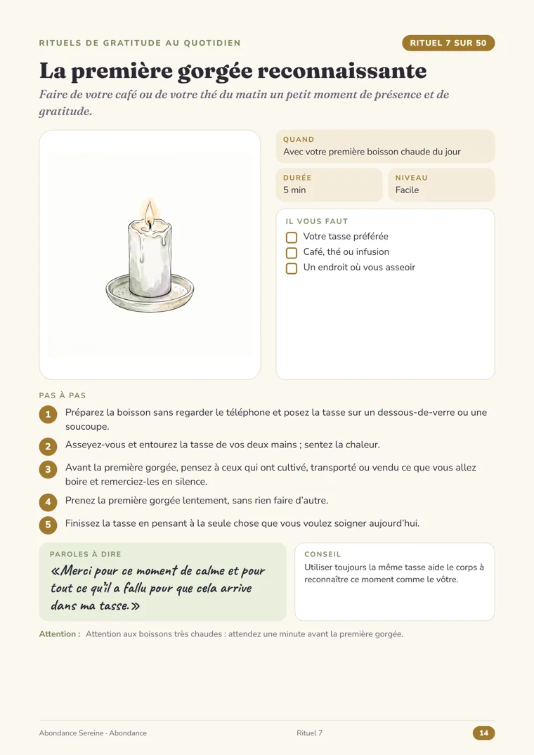Page du rituel 7, La première gorgée reconnaissante, du guide Abondance