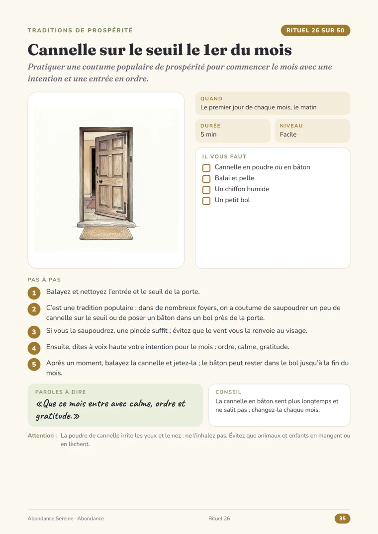 Page du rituel 26, Cannelle sur le seuil le 1er du mois, du guide Abondance