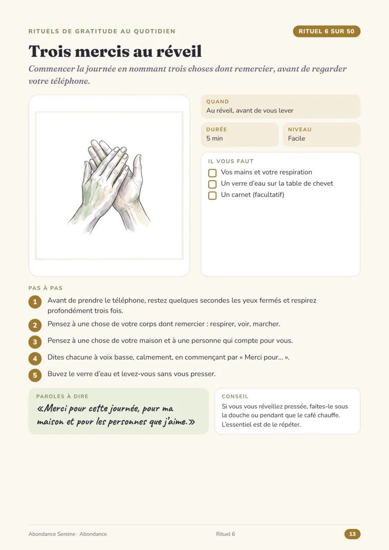 Page du rituel 6, Trois mercis au réveil, du guide Abondance